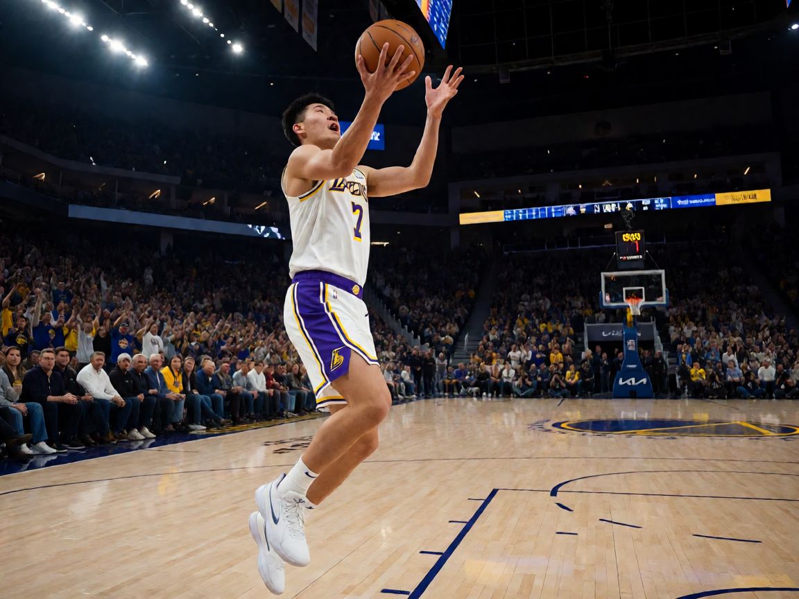 NBA常规赛比赛中球员突破上篮的瞬间，观众席沸腾呐喊